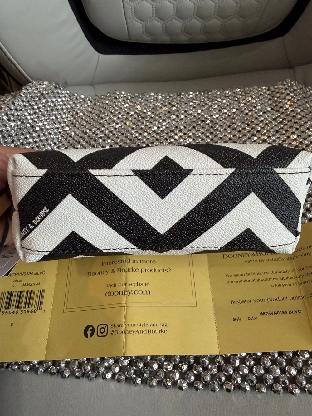 Dooney & Bourke Black White Chevron Pouch with Tan Trim